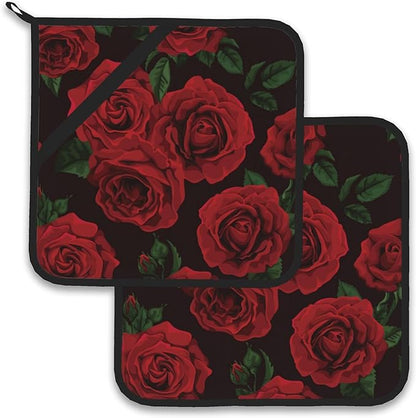 Vintage Red Rose Pot Holder Set of 2,Heat Resistant Potholders Oven Hot Pads for Kitchen Cooking Baking BBQ