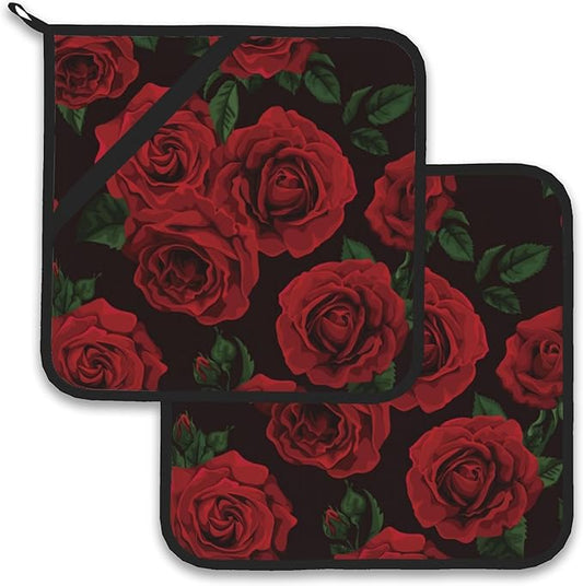 Vintage Red Rose Pot Holder Set of 2,Heat Resistant Potholders Oven Hot Pads for Kitchen Cooking Baking BBQ