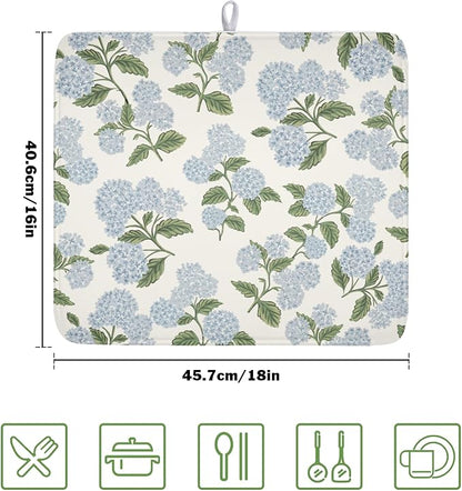 Blue Hydrangea Floral Dish Drying Mat for Kitchen Counter Spring Summer Vintage Flower Microfiber Dish Drainer Mat Rustic Farmhouse Absorbent Washable Drying Pad 16"x18"