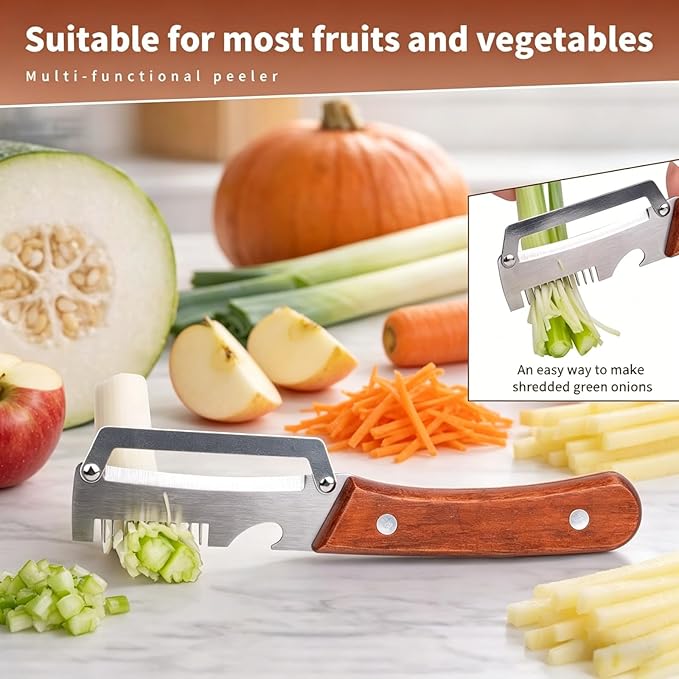 NEW Premium Vegetable Peeler with Wooden Handle and Bottle Opener: 2-in-1 Stainless Steel Kitchen Tool for Fruit Apple Potato Pumpkin Papaya (1Pack) - Image 2