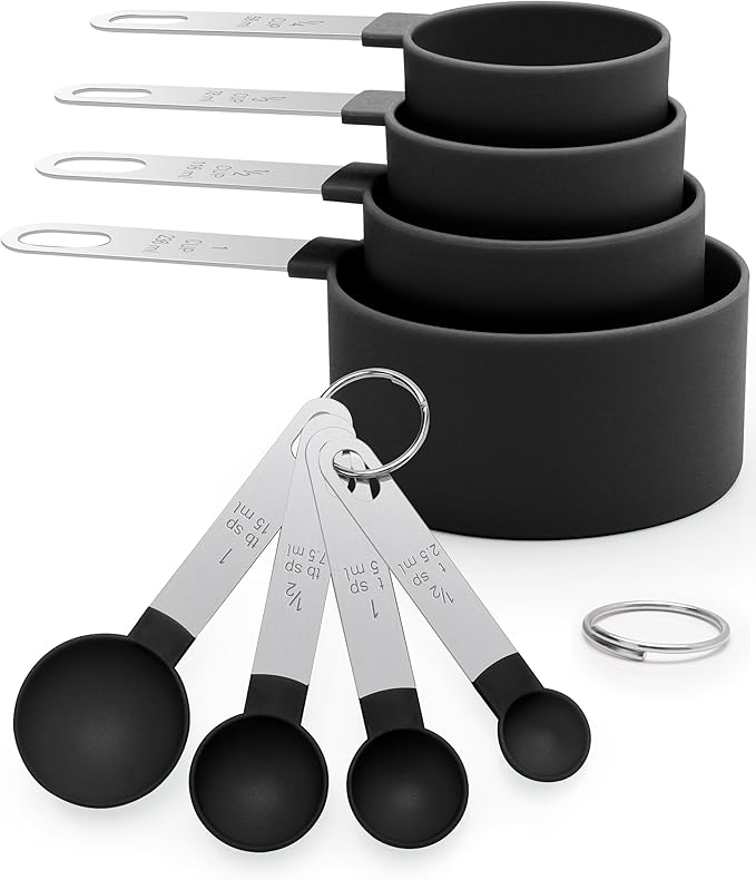 Measuring Cups and Spoons Set of 8 Pieces, nesting measuring cups for Measuring Dry or Liquid Ingredients, Stainless Steel Handle, Kitchen Gadgets for Cooking & Baking （Black） by JIEJIE