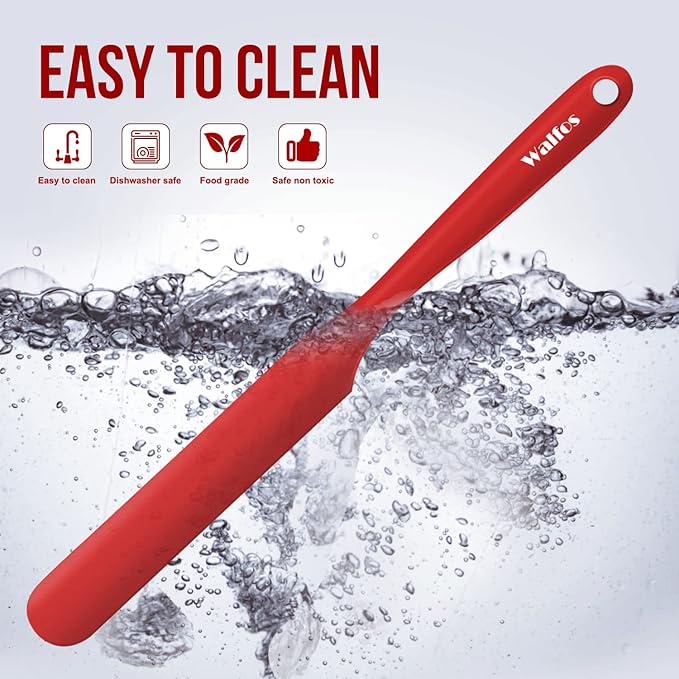 Walfos Silicone Jar Spatula - 600ºF Heat Resistant Kitchen Spatulas(2pcs), Strong Steel Core & One-Pieces Design,Mixing Batter & Cake Cream Spatulas, for Cooking & BPA Free & Dishwasher Safe, Red - Image 7