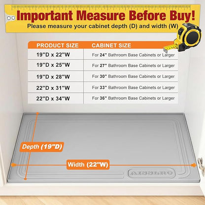 Aisslro Under Sink Mat 22" X 19", Waterproof Silicone Cabinet Organizer Protector with Raised Edge, Kitchen & Bathroom Leak Tray, Shelf Liner & Pet Feeding Mat for Dog Cat Food Mats, Gray