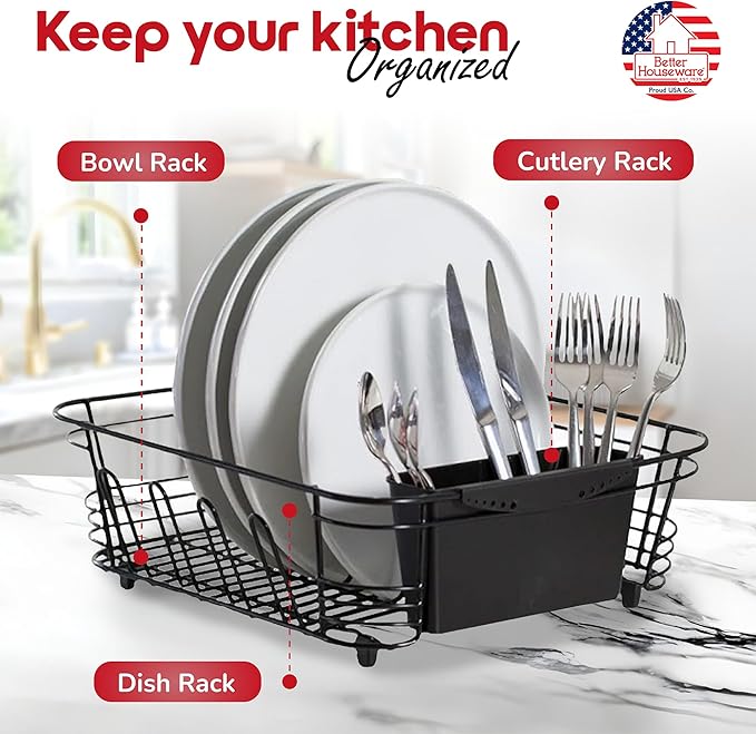 Better Houseware in Sink Dish Drying Rack, Dish Drying Rack in Sink with Non-Slip Handles, Stainless Steel Space-Saving Design, 2-Piece Set with Utensil Holder, 14.5 x 13 x 5 Inch, Black - Image 3