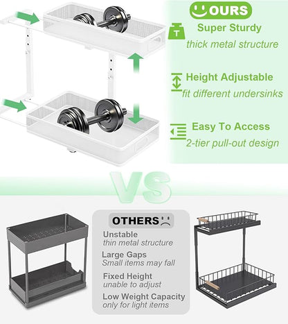 Under Sink Organizer, High Adjustable 2 Tier Under Sink Organizers and Storage, Slide out Metal Cabinet Organizers, Pull out Storage Drawer Shelf for Kitchen Bathroom Cabinet (1, White)