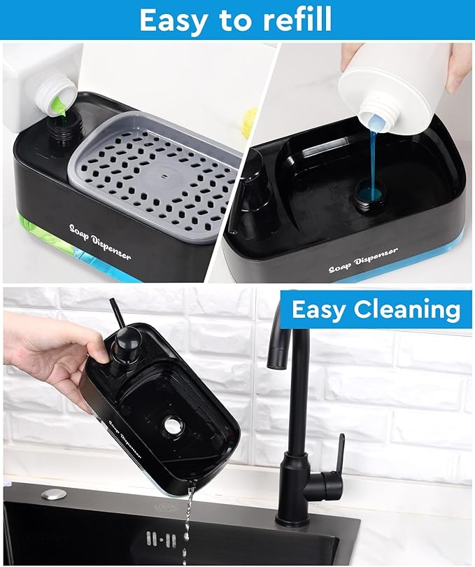 5-in-1 Kitchen Soap Dispenser Set with Sponge Holder - Dual Hand & Dish Soap Pump Dispenser for Sink Countertop with 2-Packs Natural Loofah Dish Sponge Dishwashing Scrubber,Black - Image 4