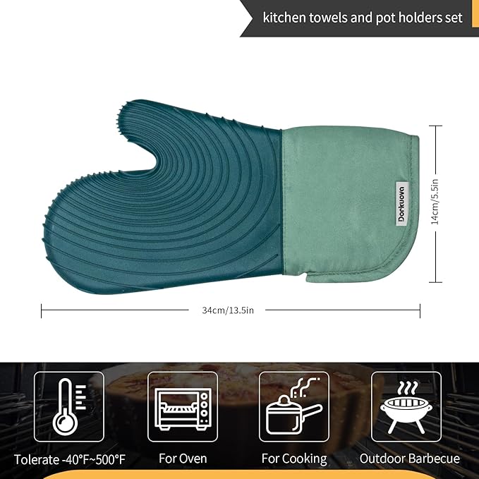 Silicone Oven Mitt Pack,Cotton Lined Gloves, BPA-Free, Long Cooking Mitts and Trivet Mats, Silicone Grilling Gloves for BBQ, 2 Pieces, (Green) - Image 2