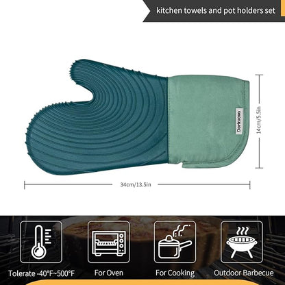 Silicone Oven Mitt Pack,Cotton Lined Gloves, BPA-Free, Long Cooking Mitts and Trivet Mats, Silicone Grilling Gloves for BBQ, 2 Pieces, (Green) - Image 2