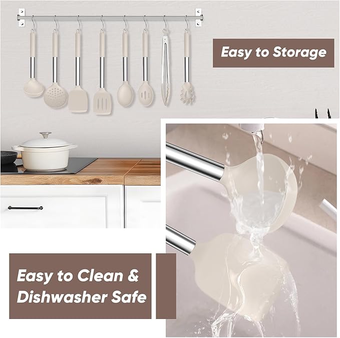 TeamFar Kitchen Utensils Set of 8, Silicone Utensils Kitchen Tools Set with Stainless Steel Handle, for Frying Serving Flipping Draining, Non-toxic & Heatproof, Nonstick & Dishwasher Safe - Khaki - Image 6