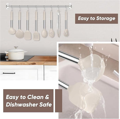TeamFar Kitchen Utensils Set of 8, Silicone Utensils Kitchen Tools Set with Stainless Steel Handle, for Frying Serving Flipping Draining, Non-toxic & Heatproof, Nonstick & Dishwasher Safe - Khaki - Image 6