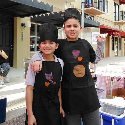 Novelty Place Kid's Apron with Chef Hat Set (3 Set) - Skin-friendly Children’s Bib with Pocket - Cooking, Baking, Painting, Training Wear - Kid's Size (6-12 Year, Black)