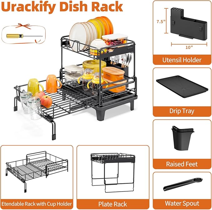 Urackify Dish Drying Rack - Extendable Dish Drainer, Large Dish Rack for Kitchen Counter, Rustproof Dish Strainer with Utensil Holder and Cups Holder, 2 Tier Black - Image 7