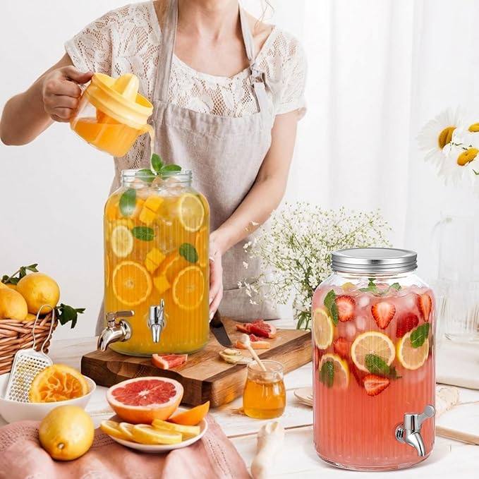 SiliFine 2 Pieces 1 Gallon Plastic Beverage Dispenser with Spigot Striped Clear Large Drink Beverage Dispenser Summer Fridge Water Container with Tap for Party Iced Tea, Sangria, Lemonade (Silver)