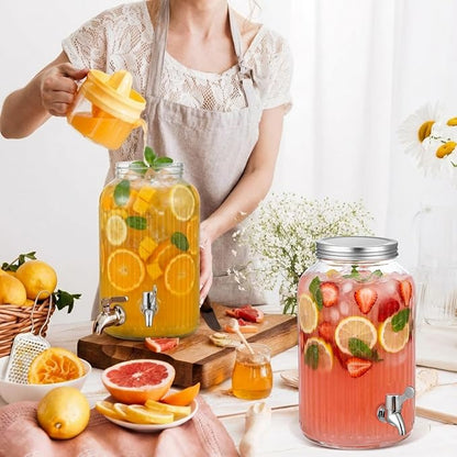 SiliFine 2 Pieces 1 Gallon Plastic Beverage Dispenser with Spigot Striped Clear Large Drink Beverage Dispenser Summer Fridge Water Container with Tap for Party Iced Tea, Sangria, Lemonade (Silver)