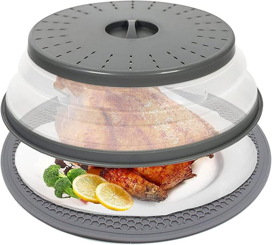 10.5" Microwave Splatter Cover for Food with 10" Mat, Collapsible & Vented Silicone Splatter Guard Lid with Handle Kitchen Gadget, Grey