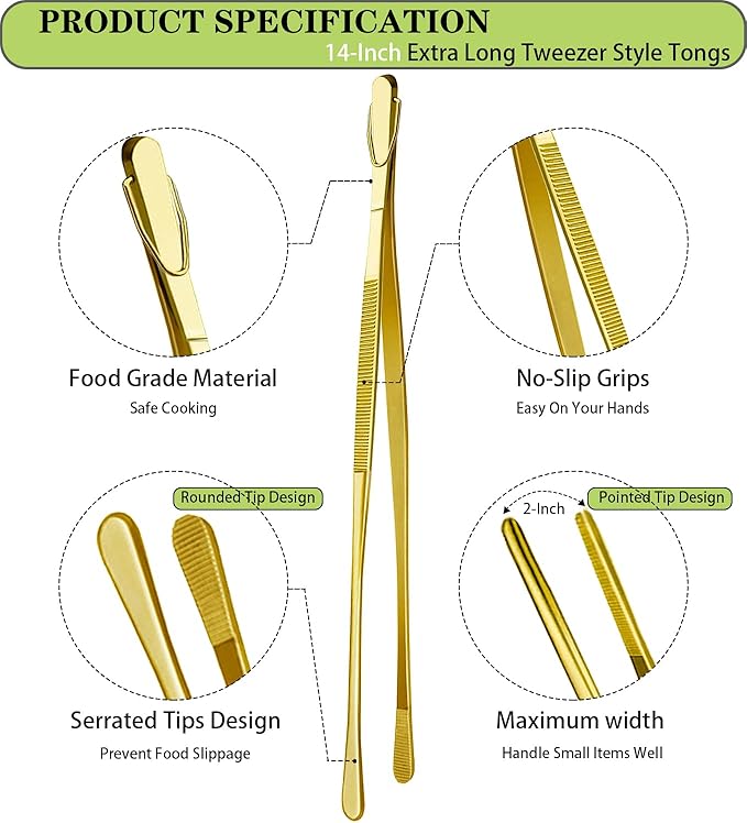 JETKONG 2 Pcs 14-Inch Cooking Tweezers Extra Long Stainless Steel Food Tweezers Kitchen Tweezer Tongs (Gold) - Image 2