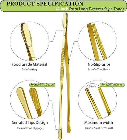 JETKONG 2 Pcs 14-Inch Cooking Tweezers Extra Long Stainless Steel Food Tweezers Kitchen Tweezer Tongs (Gold) - Image 2