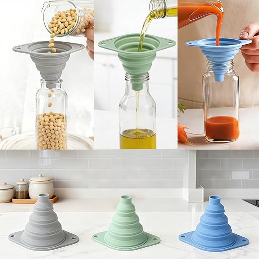 Kitchen Funnel Set 3 Pack, Collapsible Silicone Funnel for Kitchen Use, Small Funnels for Filling Bottle, Transfer Liquid, Oil and Powder, Food Grade Silicone Filter with a Brush - Image 2