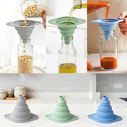 Kitchen Funnel Set 3 Pack, Collapsible Silicone Funnel for Kitchen Use, Small Funnels for Filling Bottle, Transfer Liquid, Oil and Powder, Food Grade Silicone Filter with a Brush - Image 2