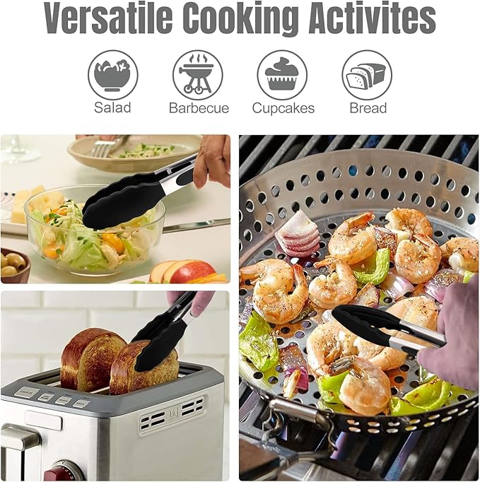 HOTEC Premium 7 & 9 Inch Kitchen Tongs, Stainless Steel Locking Cooking Tongs with Silicone Tips, Non-Scratch & Heat Resistant, Serving Tongs for Salad, BBQ, Black, Set of 2 - Image 3