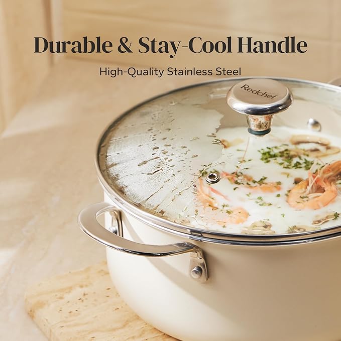 Redchef Ceramic Stock Pot with Lid, Soup Pot for All Stoves, 5 Qt Induction Cooking Pot for Soup Nonstick, Even Heating, Stay-Cool Handles, Oven/Dishwasher Safe, PTFE PFAS Free (Beige) - Image 3