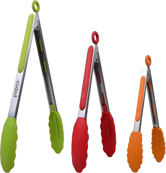 Popco 3 Piece Kitchen Tongs Set 7, 9, 12 Inch - Stainless Steel Nonstick Tongs with Silicone Tips - Heat Resistant and Dishwasher Safe for Cooking, Grilling, Salad, and Everyday Serving by POPCO