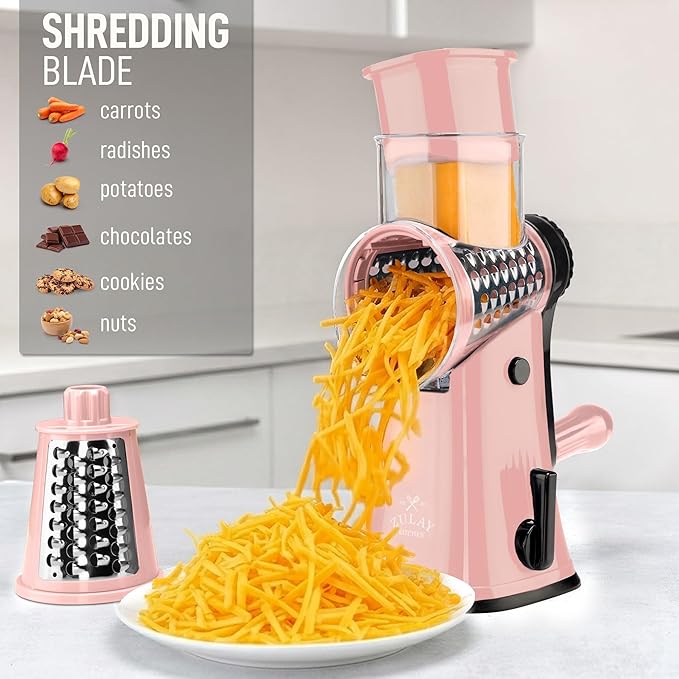 Zulay Kitchen Rotary Cheese Grater 5 Blade Cheese Shredder - Manual Hand Crank Cheese Grater With Reinforced Suction & 5 Interchangeable Drums - Easy to Use, Vegetable Chopper Round Mandoline Slicer - Image 3