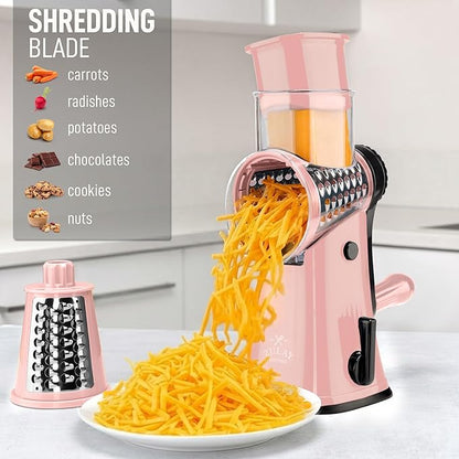 Zulay Kitchen Rotary Cheese Grater 5 Blade Cheese Shredder - Manual Hand Crank Cheese Grater With Reinforced Suction & 5 Interchangeable Drums - Easy to Use, Vegetable Chopper Round Mandoline Slicer - Image 3