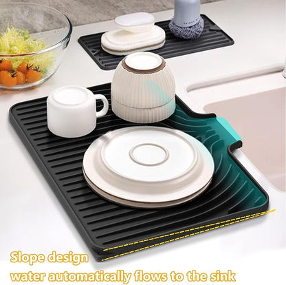 Silicone Dish Drying Mat for Kitchen Counter , Dish Drying Rack Mat with Built in Drain, 18 Inch Drying Mats for Dishes Dry Pad for Kitchen Counter,Not applicable Bumps up sink (18×12inch, black)