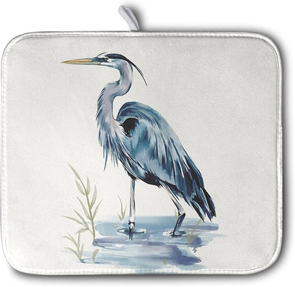 Summer Dish Drying Mat Blue White Heron Beach Absorbent Microfiber Drying Mats for Kitchen Counter Coastal Nautical Birds Dishes Drainer Mat 16x18 Inch by Kwlegh