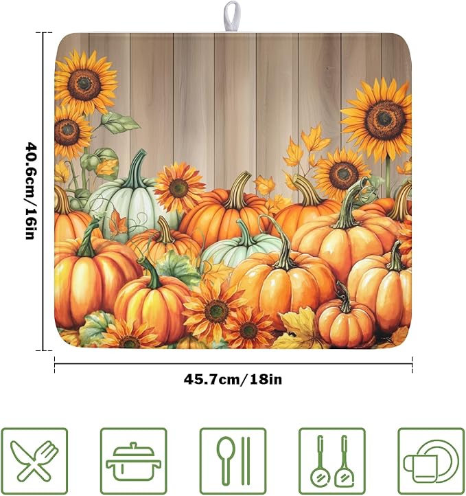 Fall Orang Pumpkin Dish Drying Mat for Kitchen Counter 16 x 18 Inch Autumn Sunflower Dish Drainer Mat Absorbent Microfiber Thanksgiving Wooden Dish Rack Pad for Coffee Dining Bar Decor