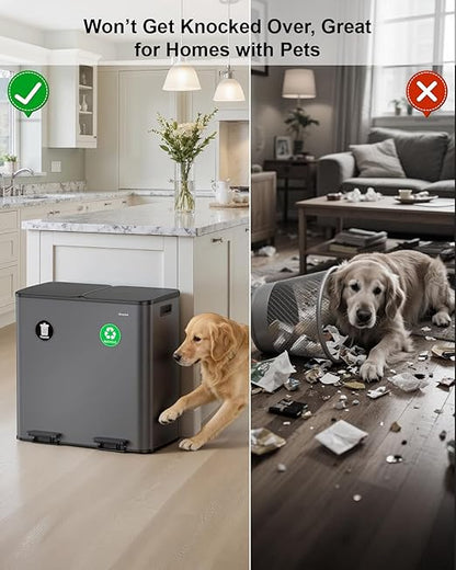 Lovewind 2×11.5 Gallon Dual Trash Can, Stainless Steel Dual Garbage and Recycling Can with Foot Pedal, 90° Stay-Open Lid, Pet-Proof Design – Large Dual Compartment Trash Recycling Bins Kitchen, Grey