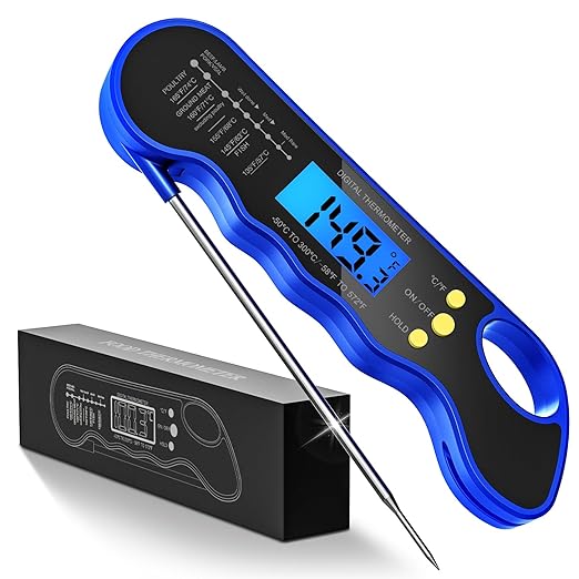 TRAUSI Instant Read Meat Thermometer, Fast & Accurate Digital Food Thermometer with Backlight, Waterproof & Magnet for Grilling, Cooking, BBQ, Smoker, Baking, and Candy Making Blue by TRAUSI