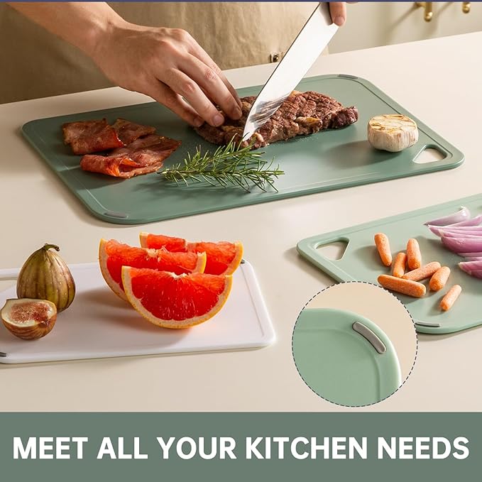 THETCHRY Plastic Cutting Board Set of 3-Cutting Boards for Kitchen BPA Free, Large-Small Chopping Boards Non-Slip for Cooking Camping Dishwasher Safe, Reversible, with Grip Handle, 15"×10"×0.25" Green - Image 6