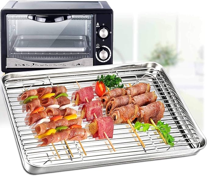 TeamFar Baking Tray and Rack Set, Stainless Steel Baking Pan Cookie Sheet with Cooling Rack, 12.5 x 9.5 x 1 inch, Non Toxic & Healthy, Easy Clean & Dishwasher Safe