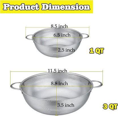 P&P CHEF Stainless Steel Colander, Micro-Perforated Food Strainer with Handle for Washing Draining, Great for Pasta Fruits Vegetables, Dishwasher Safe & Healthy, 1 +3 Qt, 2Pcs - Image 3
