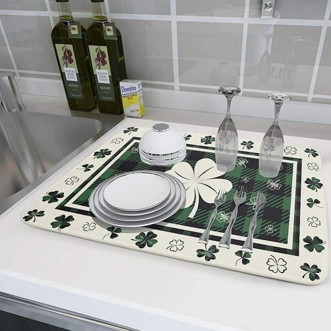 Giwawa Patrick Clovers Dish Drying Mat 18"x24" Lucky Shamrock Spring Leaf Dish Drainer Mats Green Black Buffalo Plaids Absorbent Microfiber Dish Drying Pad for Kitchen Countertop Large Decor