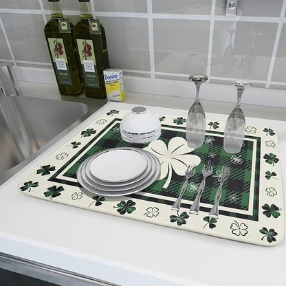 Giwawa Patrick Clovers Dish Drying Mat 18"x24" Lucky Shamrock Spring Leaf Dish Drainer Mats Green Black Buffalo Plaids Absorbent Microfiber Dish Drying Pad for Kitchen Countertop Large Decor