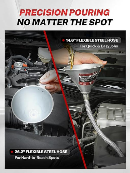 BILITOOLS 4pc Oil Change Kit, Spill-Free Steel System with Filter & 14.6"/26.2 Hoses + Reusable Flexible Funnel for Automotive Use, Universal Oil Funnel Kit for Engine, Transmission & Cooling Systems - Image 5