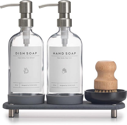 [Luxury] Kitchen Soap Dispenser Set - 16OZ Clear Glass Bottle, Stainless Steel Pump, Instant Dry Tray, Waterproof Labels, Non-Slip Silicone Pad, and Dish Brush | Upgrade for Your Kitchen and Bathroom by ORCHID+HOME