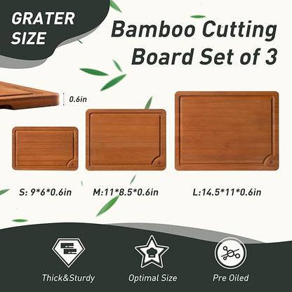 3 Packs Bamboo Cutting Board Set with Non Slip Feet and Over Sink Nice Solid Thick Wood Juice Groove Chopping Board Extra Large Big Small Best Hardwood Counter Organic Vegetable Kitchen Gadgets - Image 2