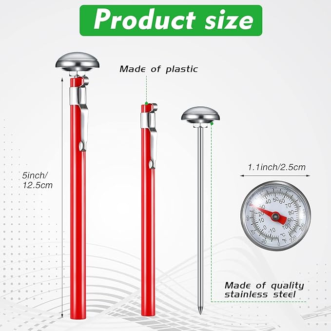 Xuhal 3 Pcs Stainless Steel Kitchen Thermometer with 5 Inch Long Stem 1 Inch Dial Thermometer Milk Frothing Food for Oven Probe Meat Grill BBQ Cooking Chocolate Water (Red,Black,White) - Image 2