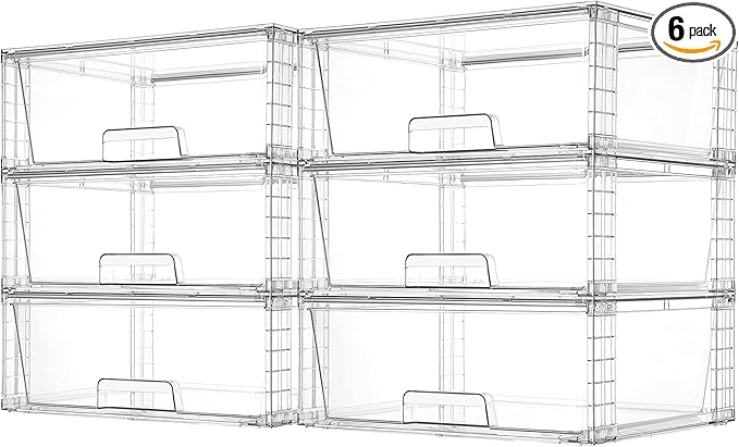 Vtopmart 6 Pack Large Stackable Storage Drawers,Easily Assemble Clear Acrylic Bathroom Closet Undersink Organizers,Plastic Storage Bins for Cabinet,Kitchen Pantry,Medicine Organization by Vtopmart