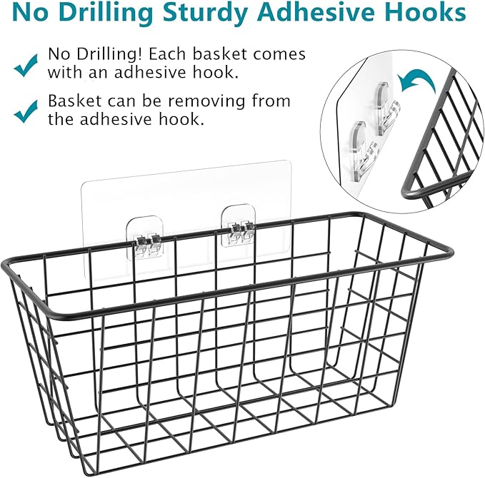 MaraFansie Over the Cabinet Door Organizer Wall Wire Baskets Hanging Kitchen Basket Shelf for Cabinet & Pantry Organization and Kitchen, Bathroom, Bedroom Storage, with Adhesive, Black, 3 Pack - Image 2