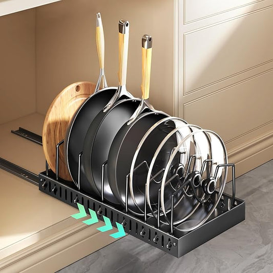 Lozovin Pull Out Pots and Pans Organizer Under Cabinet, Sliding Lid Holder and Pan Rack in Kitchen, Slide Out inside Cabinet Storage for Pot Lid, Bakeware, Dishes, 8 Adjustable Dividers, 1 Pack Black by Lozovincablemanagementtray