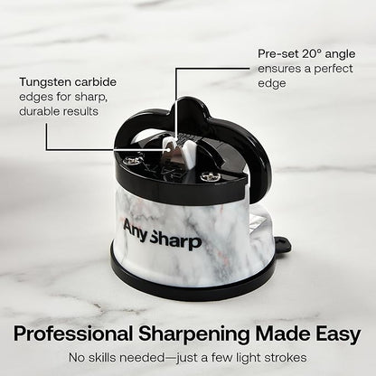 AnySharp – Editions – Hands Free Knife Sharpener - Easy to Use Sharpening Tool w/PowerGrip Suction Base and 20-Degree Pre-Set Angle - for All Knives: Chef's, Serrated, Hardened Steel - White Marble - Image 3