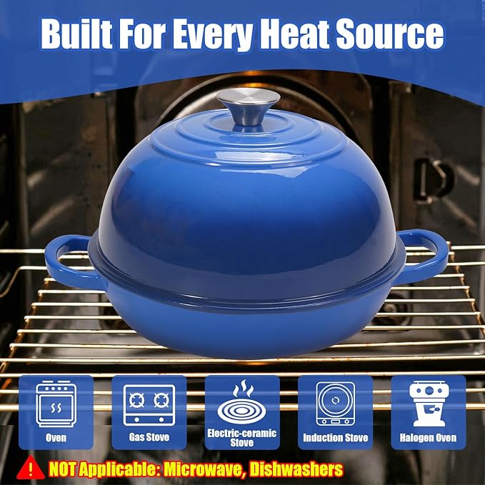 6QT Enameled Cast Iron Dutch Oven for Bread Baking – Sourdough Starter Kit with Cotton Basket, Bread Sling, Lame, Brush & Handle Cover – Multi-Purpose Pot for Baking, Frying, Braising – Blue