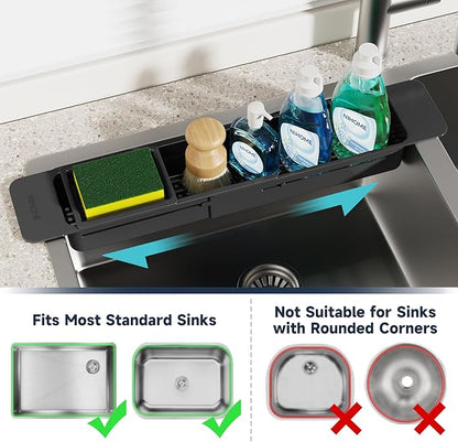 NiHome Extendable Sink Kitchen Organizer, Extra Long Telescopic Brush Storage Rack for Sponge, Non-Slip Pads Expandable Sink Caddy, Adjustable Sponge/Brush Rack with Drainage Durable ABS (Black) - Image 5