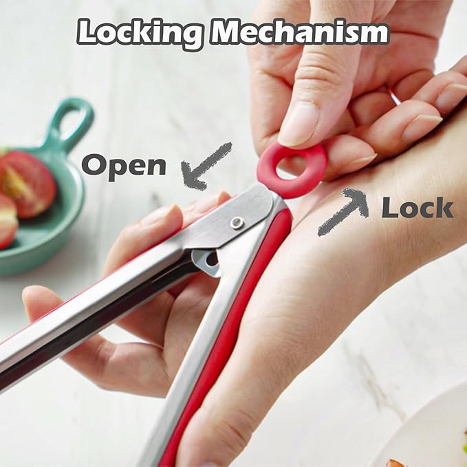 Kitchen Tongs, 9 Inch Tongs for Cooking with Silicone Tips, Food Grade Mini Serving Tong for Nonstick Pans, BBQ, Salad, Set of 3, Red - Image 3
