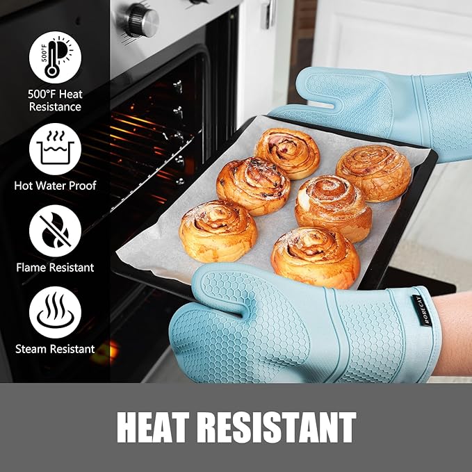 Rorecay 6pcs Oven Mitts and Pot Holders Sets, Extra Long Silicone Oven Gloves Heat Resistant 500 Degrees Non-Slip Potholders Hot Pads for Kitchen Baking Cooking, Quilted Liner, Winter Sky - Image 5